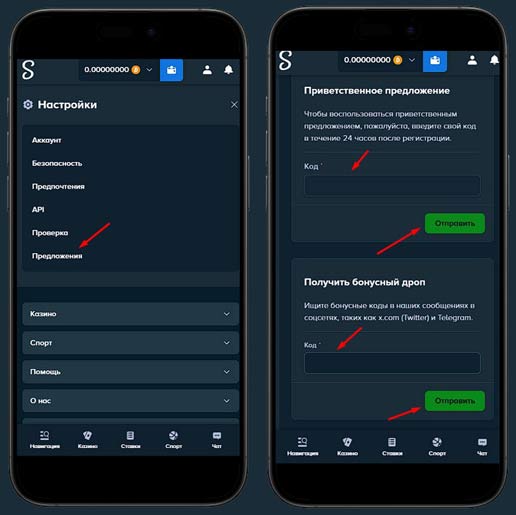 Применение промокода в Stake Casino